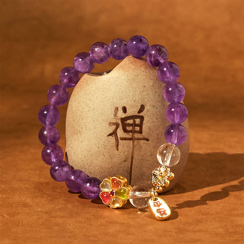 8 mm Amethyst-Armband mit weißem Kristall und Heilstein