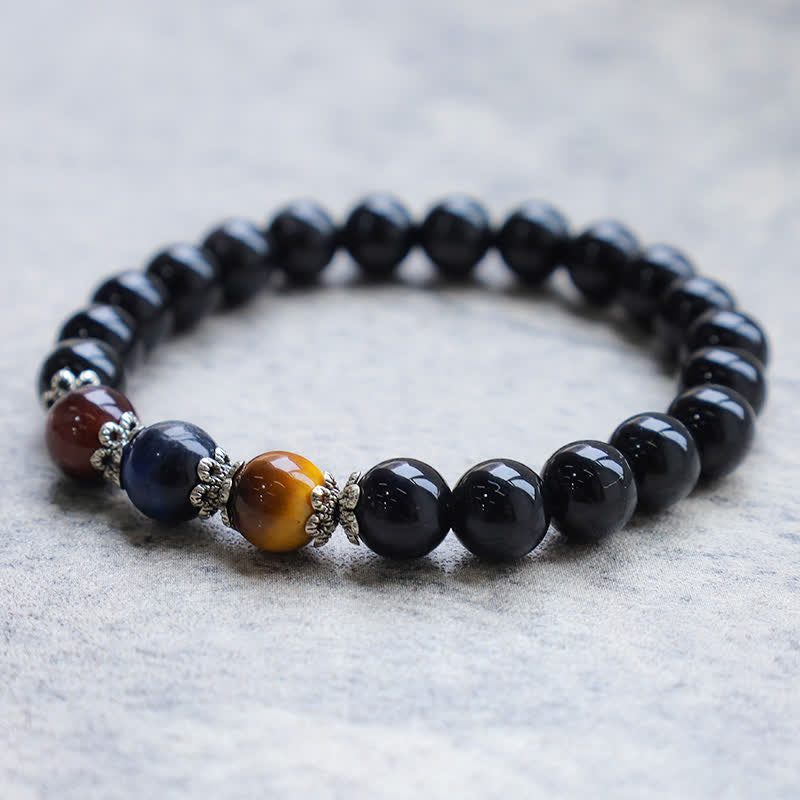 8 mm schwarzes Obsidian-Armband mit dreifarbigem Tigerauge