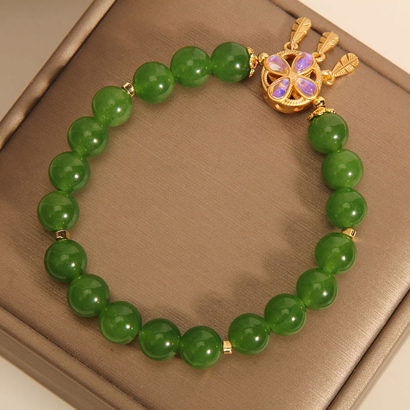 8 mm grünes Jade-Traumfänger-Kleeblatt-Armband