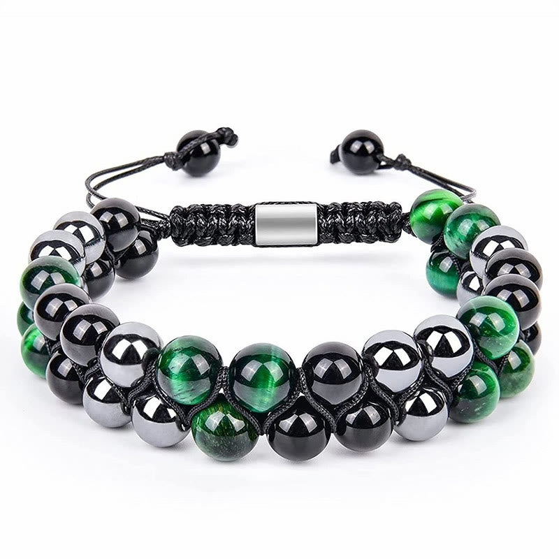 8 mm großes zweireihiges Armband aus grünem Tigerauge und schwarzem Obsidian