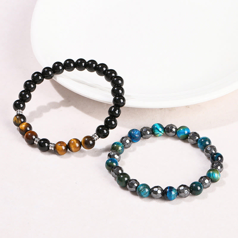 8 mm Hämatit-Armbandset mit blauem Tigerauge – Schutzdesign