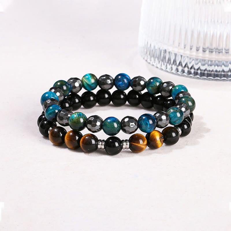 8 mm Hämatit-Armbandset mit blauem Tigerauge – Schutzdesign