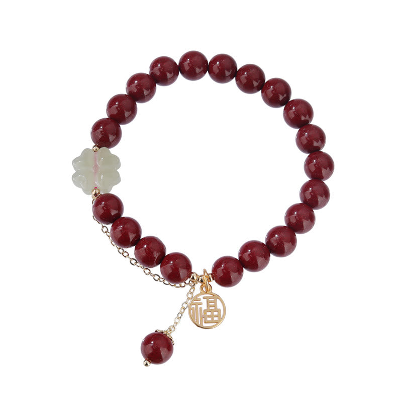 8 mm Hetian Jade Jade Armband mit Cinnabar Fu Blessing Charm