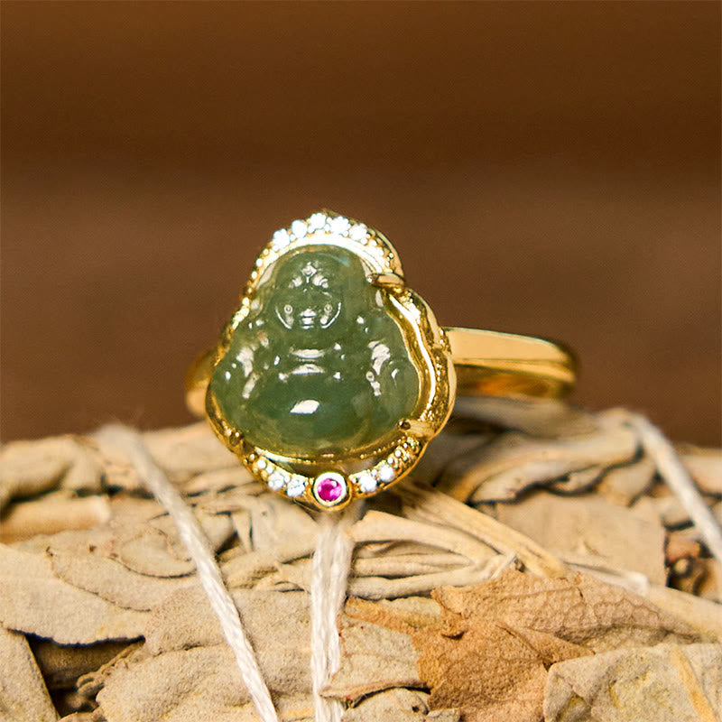 8 mm Hetian Jade Lachender Buddha Ring für Glück und Wohlstand
