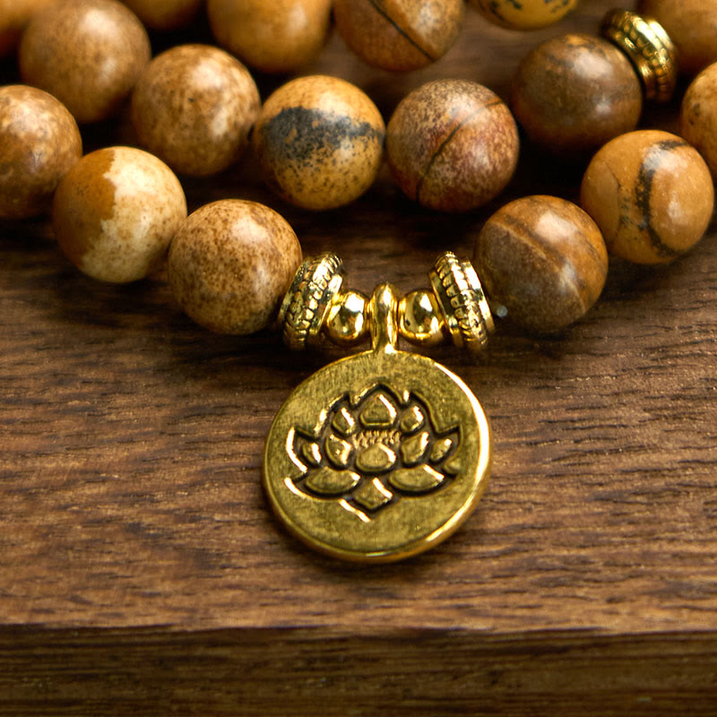 8mm Bildjaspis Courage Mala Armband Lotus Charm