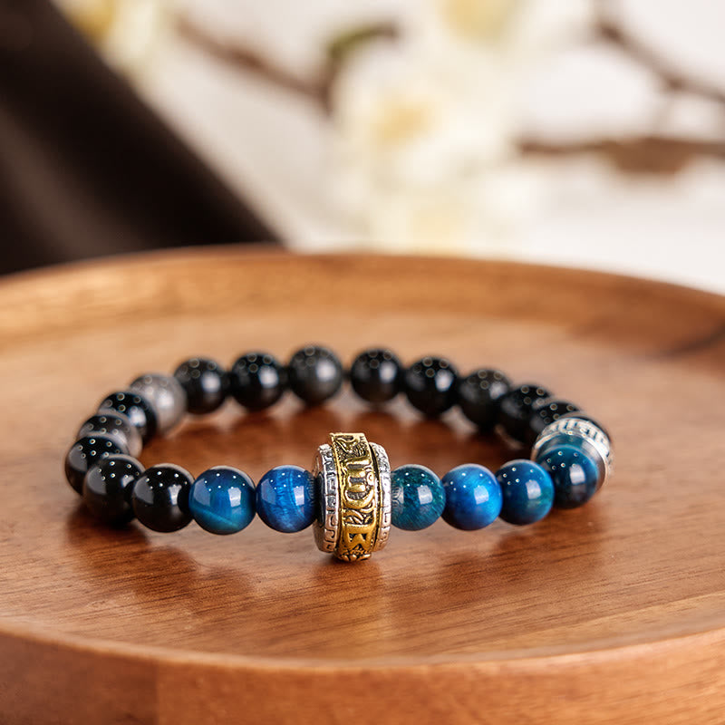 8 mm silbernes Glanz-Obsidian-Armband „Om Mani Padme Hum“