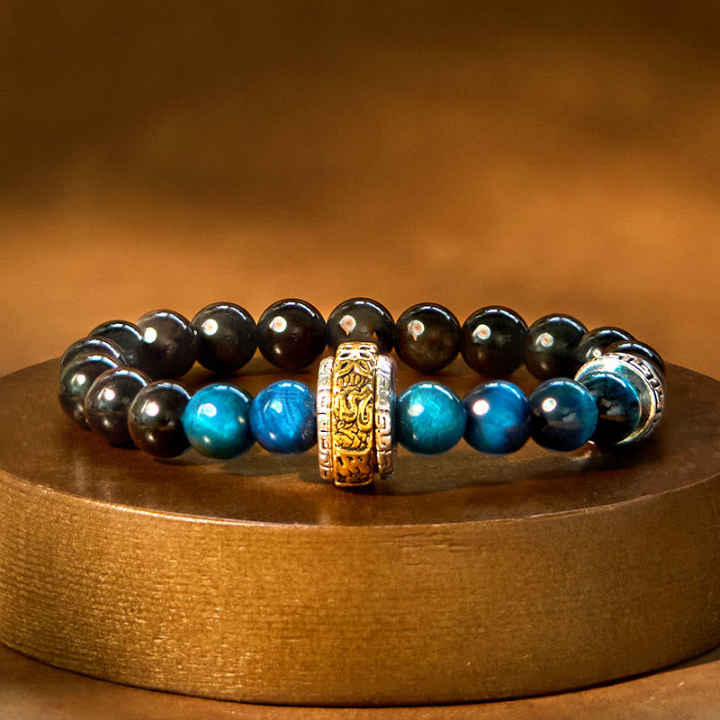8 mm silbernes Glanz-Obsidian-Armband „Om Mani Padme Hum“