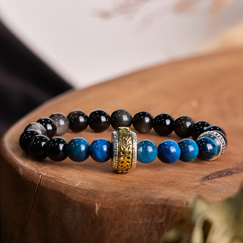 8 mm silbernes Glanz-Obsidian-Armband „Om Mani Padme Hum“