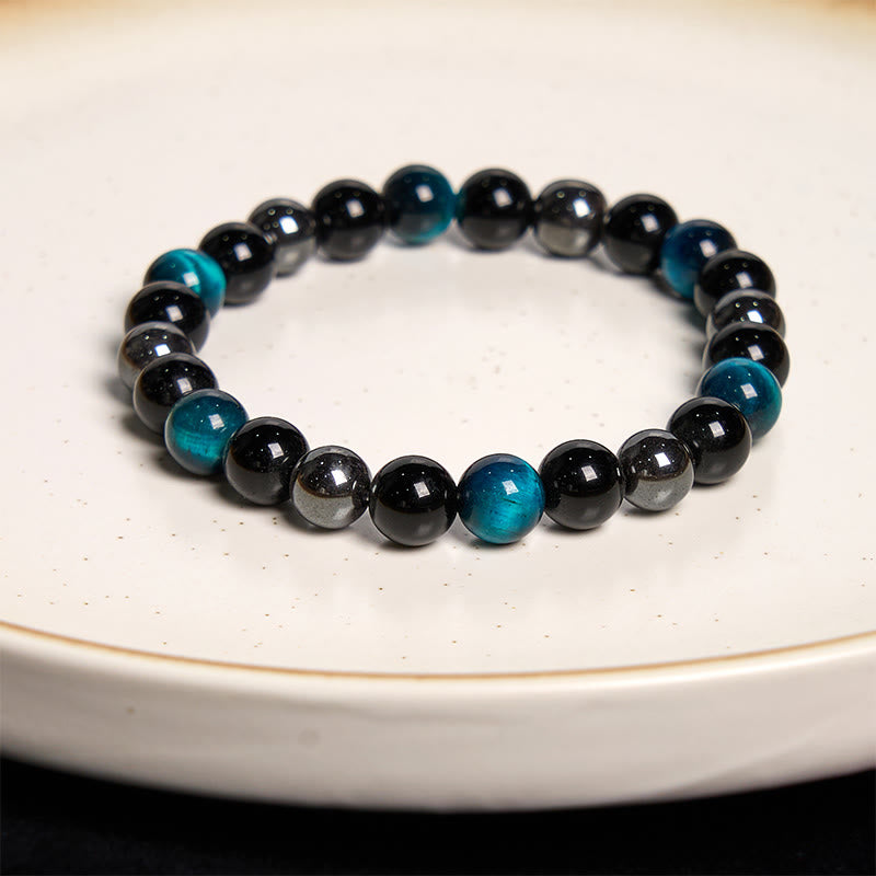 8 mm gelbes Tigerauge-Obsidian-Hämatit-Armband für Herren