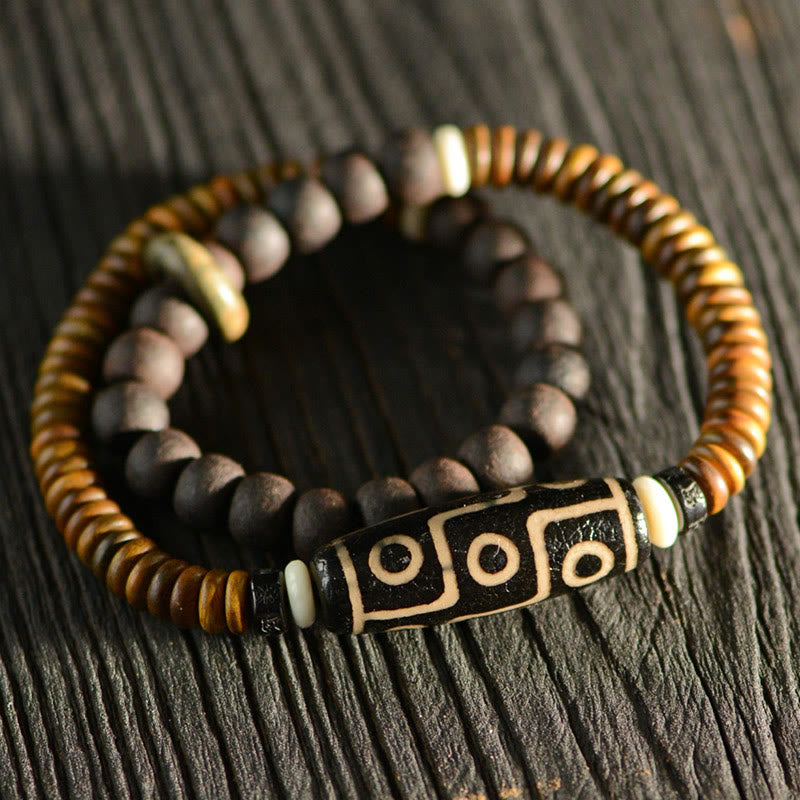 9-Augen-Dzi-Perle, Ebenholz, spirituelles Doppelwickelarmband
