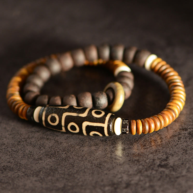 9-Augen-Dzi-Perle, Ebenholz, spirituelles Doppelwickelarmband