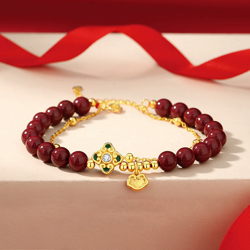 Cinnabar Four Leaf Clover Chain Bracelet in 925 Silver