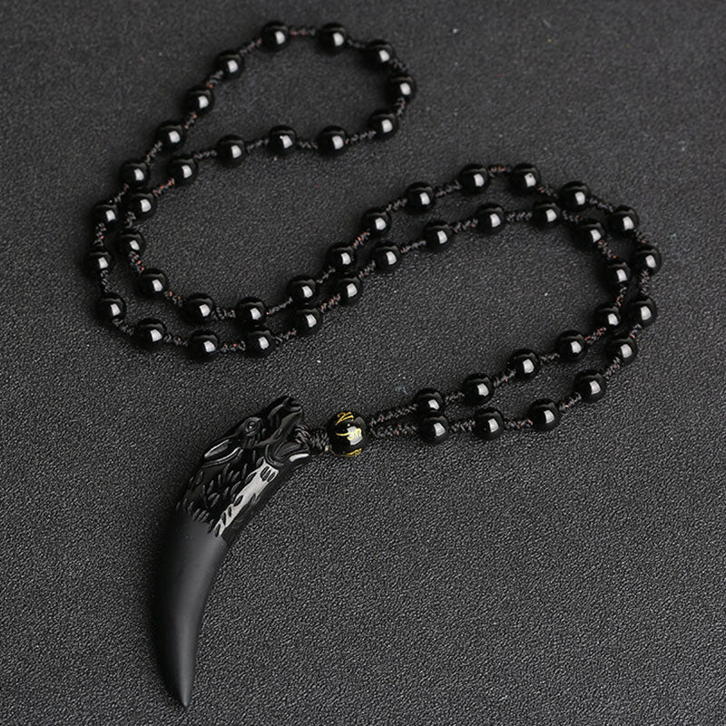 Large Ice Obsidian Wolf Tooth Pattern Courage Necklace