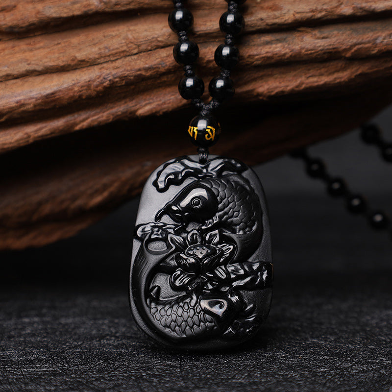Natural Black Obsidian Koi Fish Lotus Strength Necklace