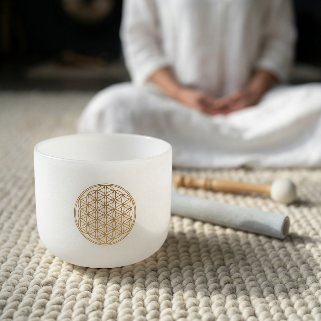 528 Hz C-Note, hohes C, Blume des Lebens, mattierte Kristallschale