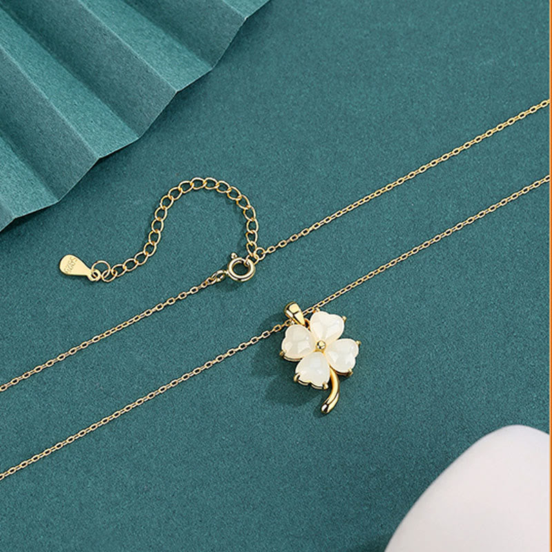 925 Silber Hetian Jade Vierblättriges Kleeblatt Halskette für Glück