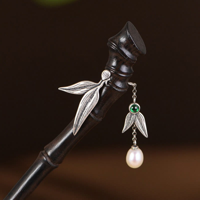 Chinesische Haarnadel aus 925er Sterlingsilber mit rotem Sandelholz und Ebenholz