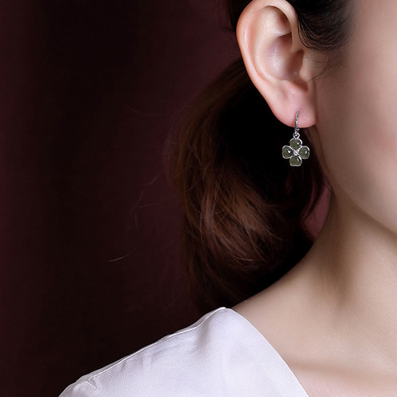 925 Sterling Silber Cyan Jade Vierblättriges Kleeblatt Glück Ohrringe