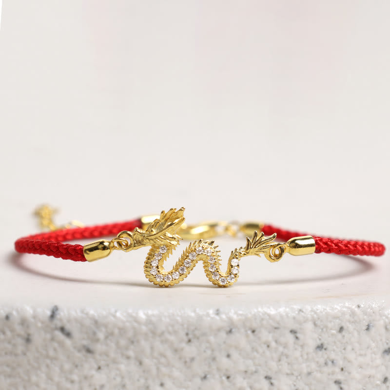 925 Sterling Silber Drachen Glücksarmband | Rotes Seil oder Goldkette