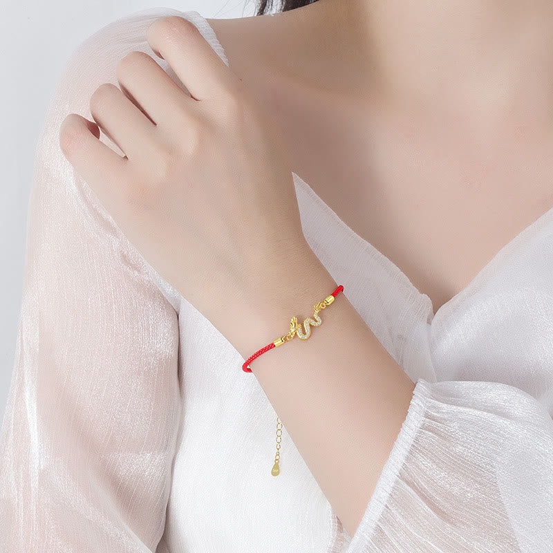 925 Sterling Silber Drachen Glücksarmband | Rotes Seil oder Goldkette