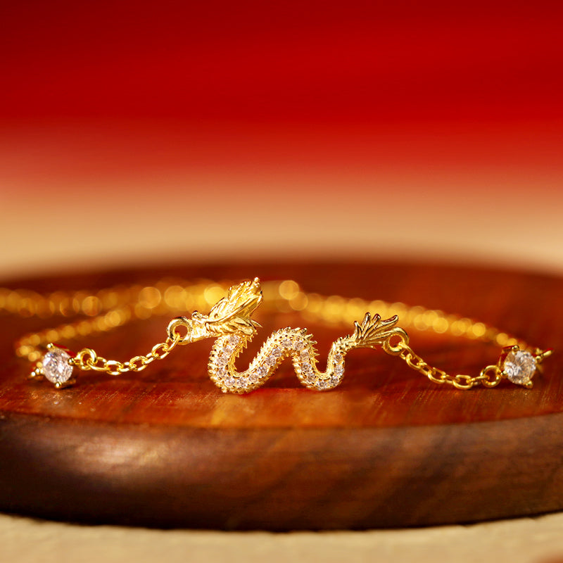 925 Sterling Silber Drachen Glücksarmband | Rotes Seil oder Goldkette