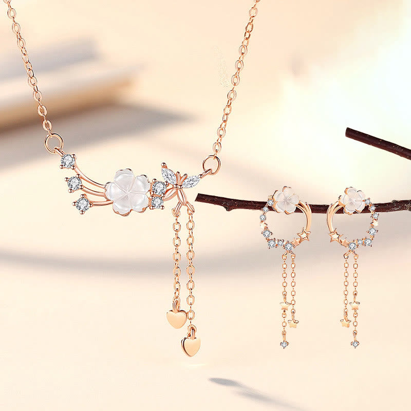 925 Sterling Silber Blume Schmetterling Liebe Halskette Set