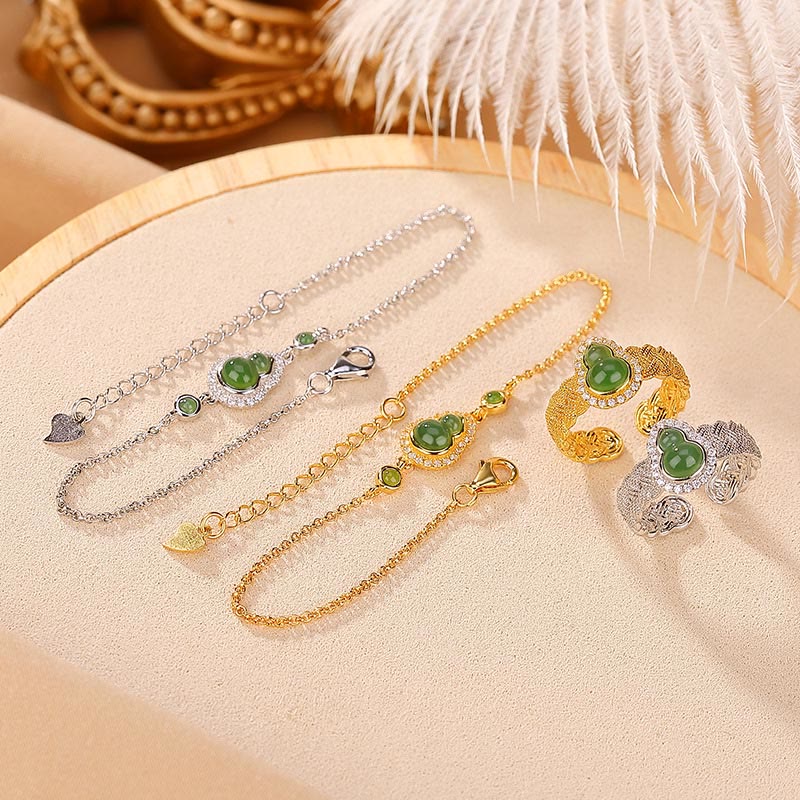 925 Sterling Silber vergoldet Hetian Jade Kürbis Set