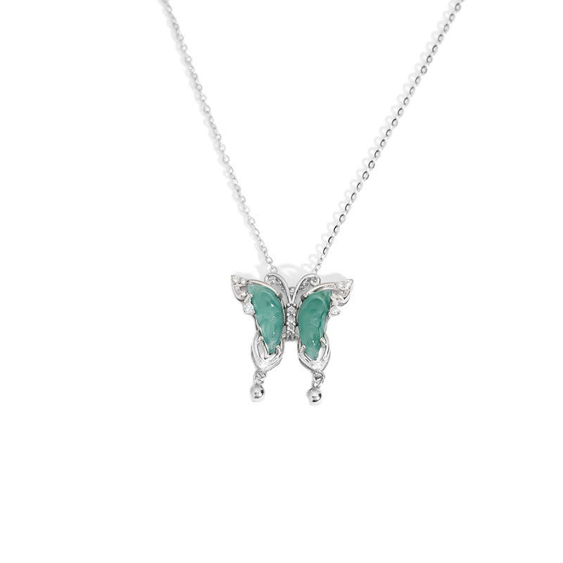 925 Sterling Silber Grüne Jade Schmetterling Glück Halskette