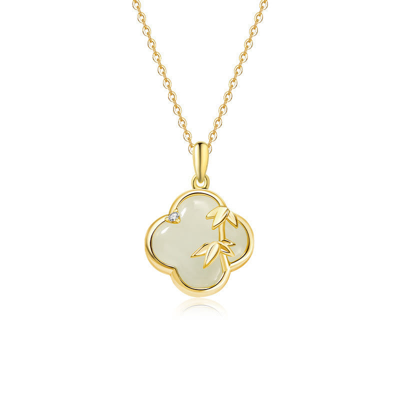 925 Sterling Silber Hetian Jade Vierblättriges Kleeblatt Bambus Halskette