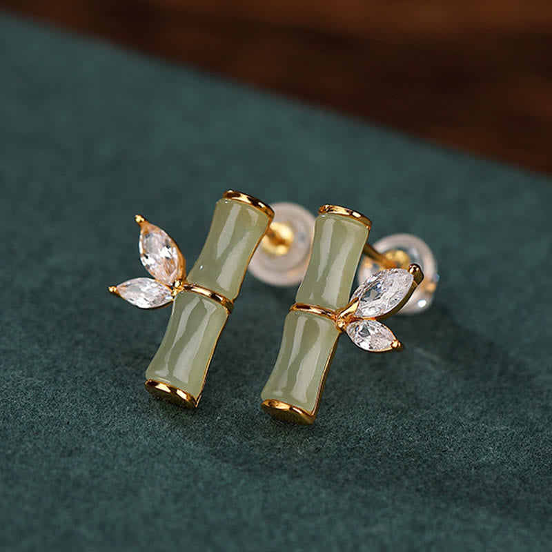 925 Sterling Silber Jade Bambus Glück Ohrstecker