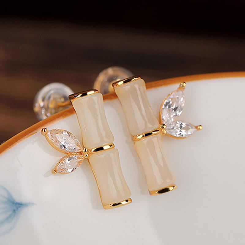 925 Sterling Silber Jade Bambus Glück Ohrstecker