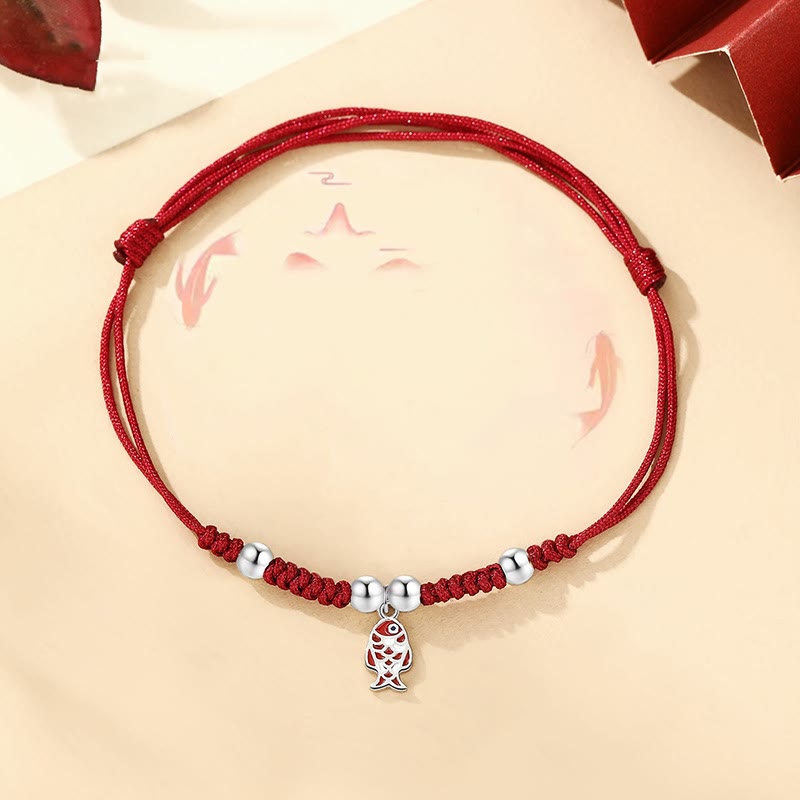 Glücksarmband aus 925er Sterlingsilber mit Koi-Fisch-Motiv aus geflochtenem rotem Seil