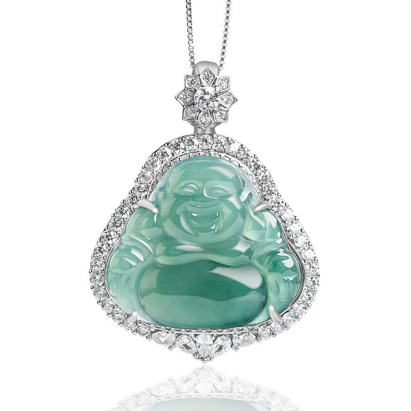 Halskette aus 925er Sterlingsilber mit lachendem Buddha und Jade für Glück und Fülle
