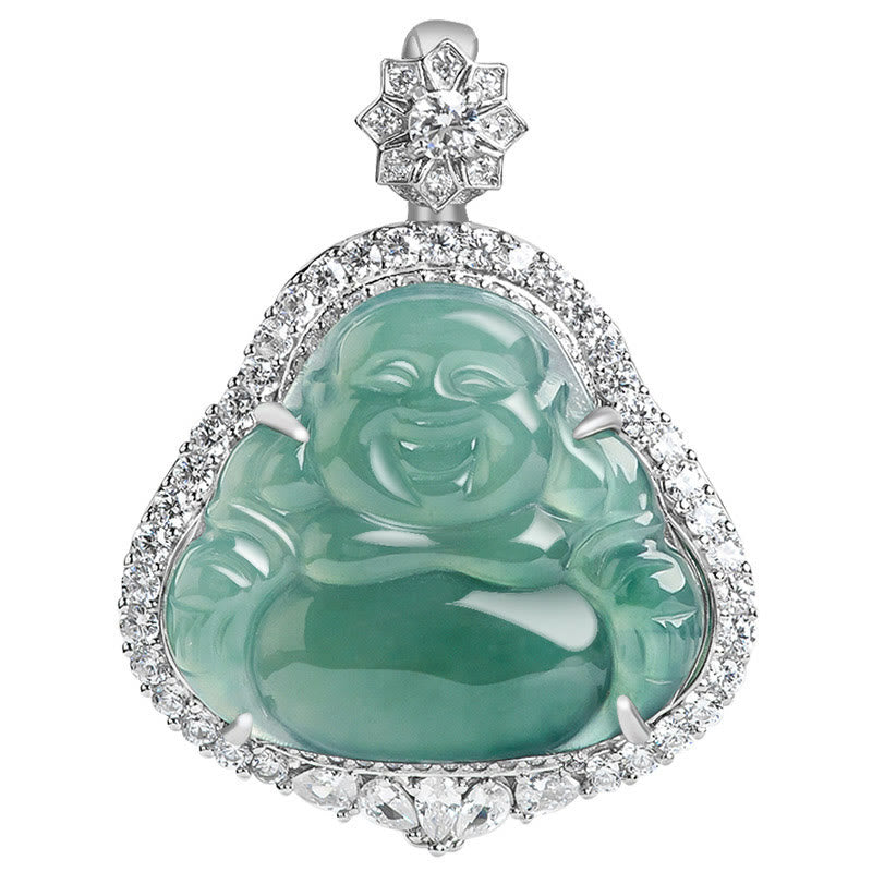 Halskette aus 925er Sterlingsilber mit lachendem Buddha und Jade für Glück und Fülle