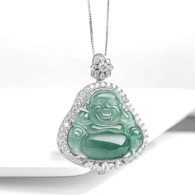 Halskette aus 925er Sterlingsilber mit lachendem Buddha und Jade für Glück und Fülle