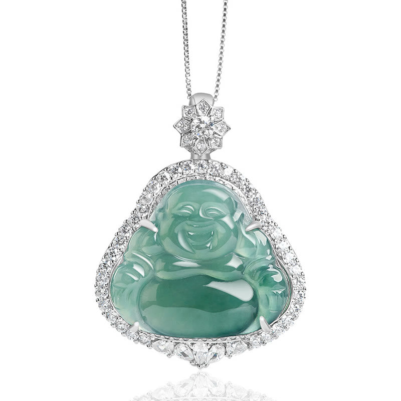 Halskette aus 925er Sterlingsilber mit lachendem Buddha und Jade für Glück und Fülle