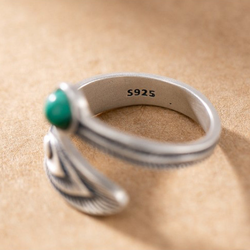 925 Sterling Silber Malachit Schutzring mit Federdesign