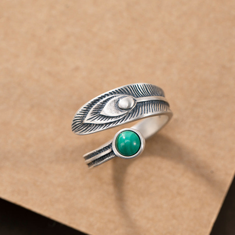 925 Sterling Silber Malachit Schutzring mit Federdesign