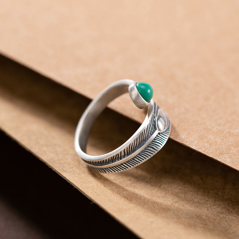 925 Sterling Silber Malachit Schutzring mit Federdesign