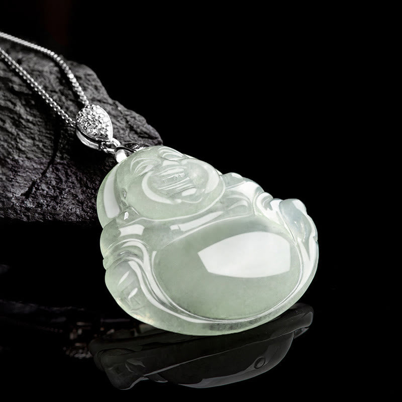 925 Sterling Silber Natürliche Jade Lachender Buddha Wohlstandskette