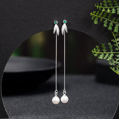 925 Sterling Silber Perlen Bambus Blätter Schutz Tropfen Ohrringe