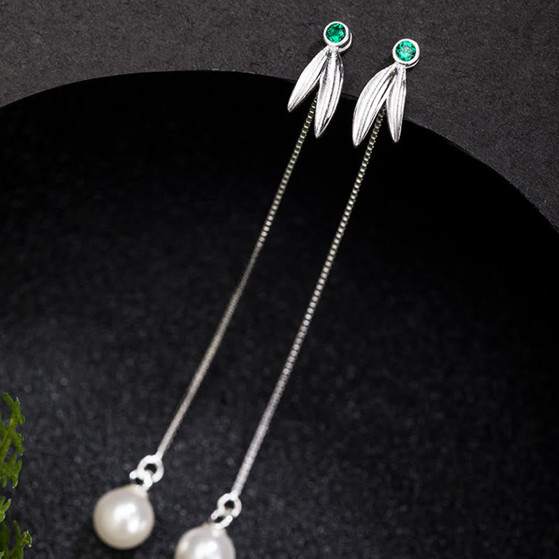 925 Sterling Silber Perlen Bambus Blätter Schutz Tropfen Ohrringe