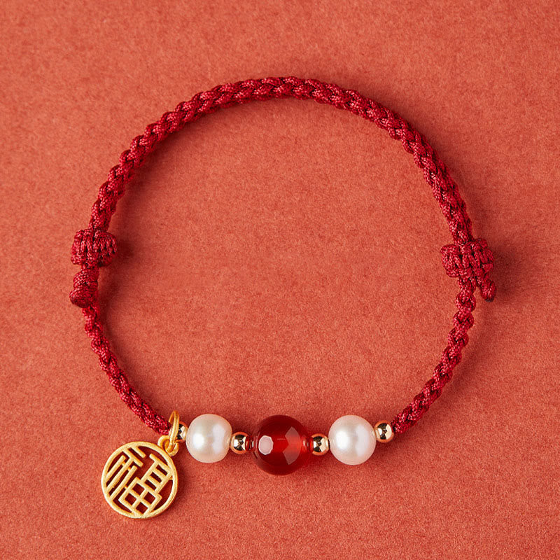 Rotes Schnurarmband aus 925er Sterlingsilber mit Fu-Charakter