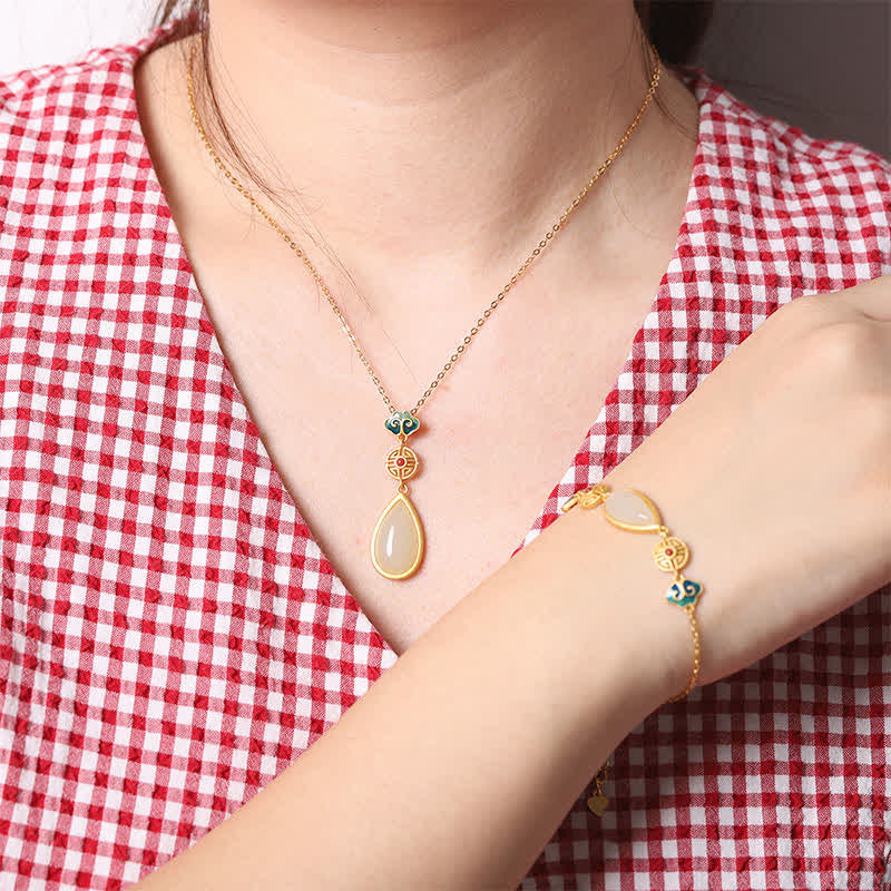 925 Sterling Silber Weiße Jade Wassertropfen Armband Halskette