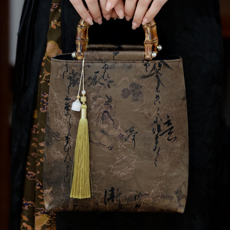 Handtasche mit Bambusblättern, Schmetterlings-Koi-Fisch und Jadegriffen