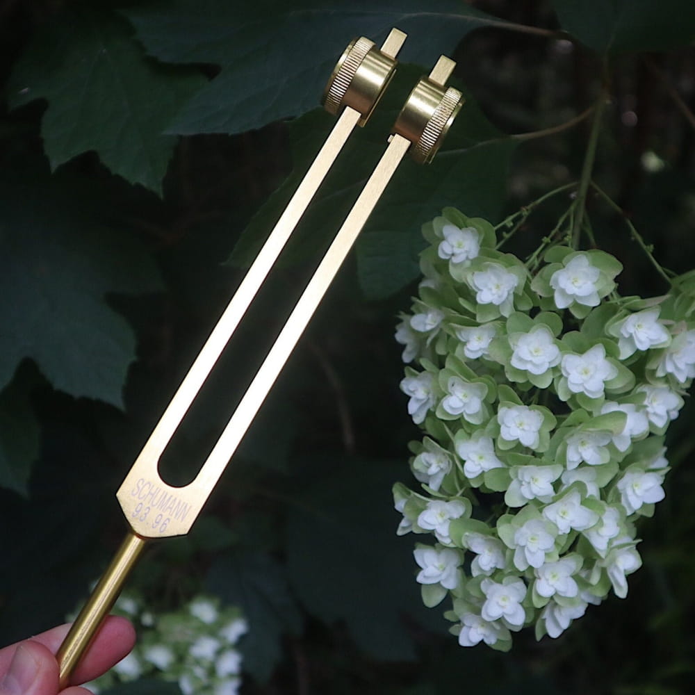 Metallic tuning fork with parallel prongs for sound healing at 93.96 Hz frequency