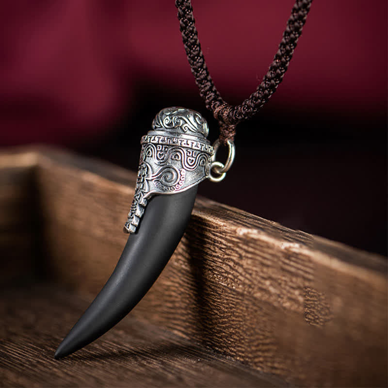 925 Sterling Silver Black Obsidian Strength Necklace Pendant