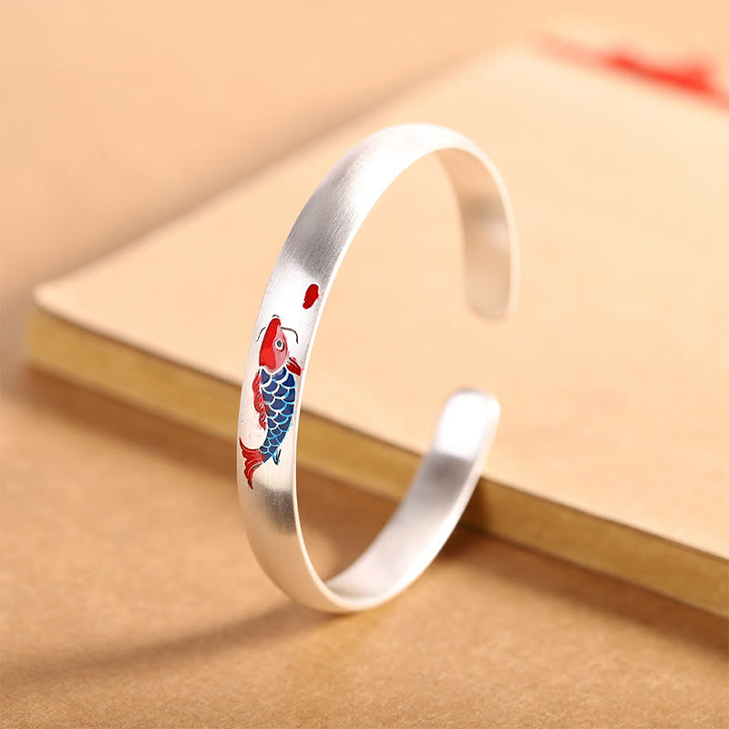 999 Sterling Silver Koi Fish Luck Cuff Bracelet - Adjustable