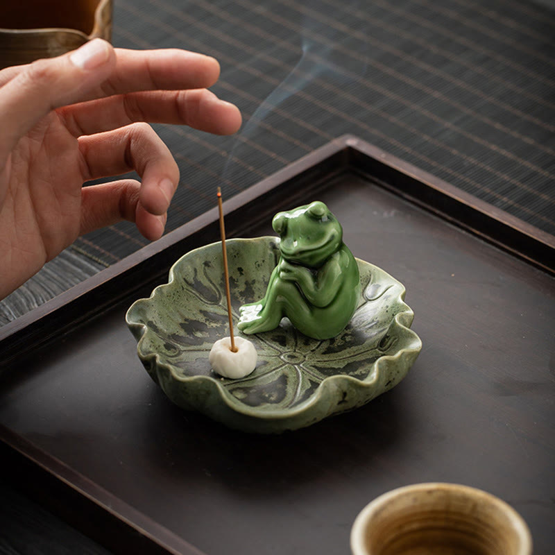 Ceramic Incense Burner | Lotus Leaf Meditation Frog 11cm