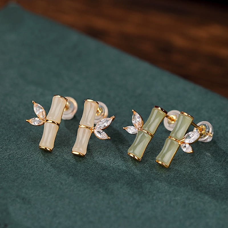 925 Sterling Silber Jade Bambus Glück Ohrstecker